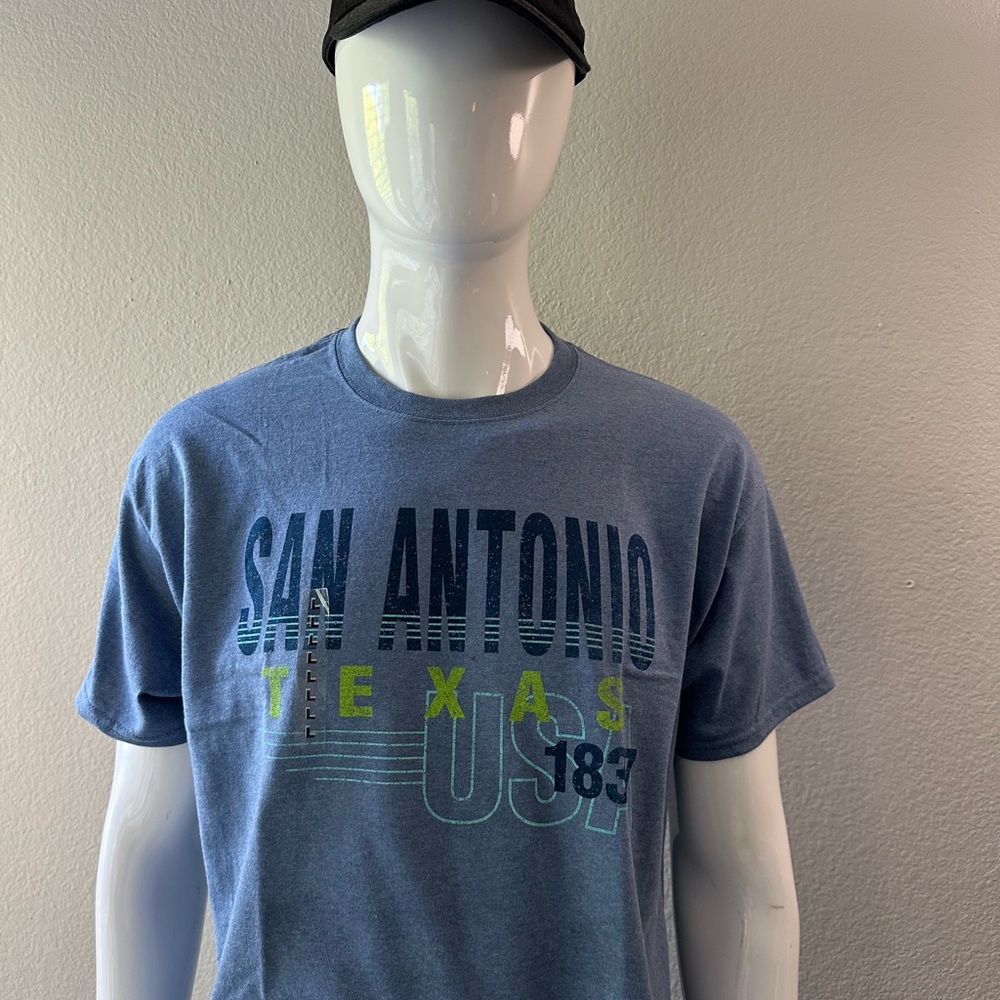Blue and Green Short Sleeve Tee with Palm Tree Graphic